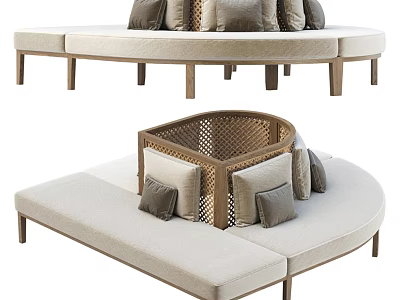 Modern Two Seater Sofa With Woven Backrest Curved Design Beige Cushions Wooden Legs Gray Pillows 3d model