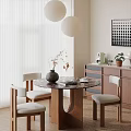 Minimalist Round Dining Table Set With Wooden Frame Beige Chairs Marble Top And Pendant Lights