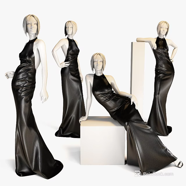 Models In Black Evening Dresses Posing And Leaning Against White Cubes 3d model