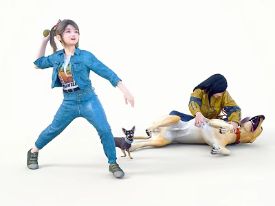 Playful Scene Of Dancing Girl In Blue Denim With Person And Two Dogs 3d model