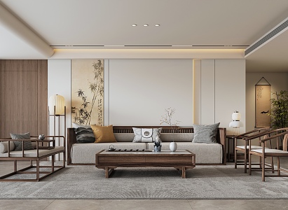 New Chinese Style Home Living Room Song Dynasty Aesthetic Furniture Living Room Sofa Background Wall Sofa Coffee Table Combination 3d model