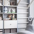 Cute Stuffed Dolls On Gray Bookshelf In Kids Room With Storage Boxes And Toys
