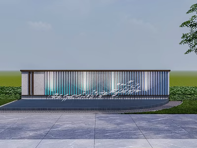Modern Landscape Wall With Vertical Metal Slats Green Grass And Stone Pavement 3d model