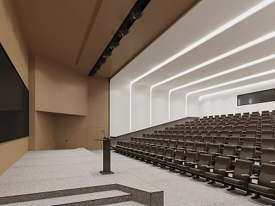 Modern Auditorium Interior With Rows Of Seats Podium Wall Design And Lighting 3d model