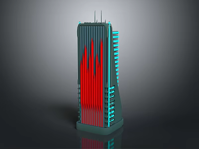 Cartoon Style Futuristic Tower With Red Wavy Structure And Blue Accent Lights 3d model