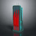 Cartoon Style Futuristic Tower With Red Wavy Structure And Blue Accent Lights