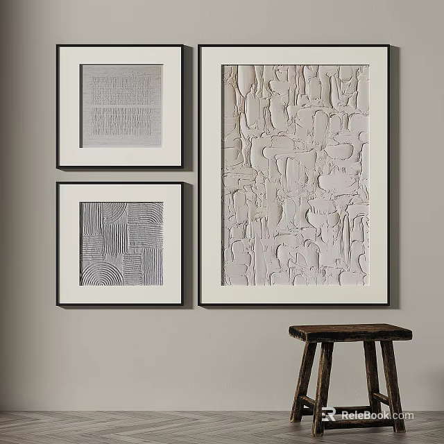 Minimalist Abstract Paintings With Black Frames On Light Colored Wall And Small Wooden Stool 3d model