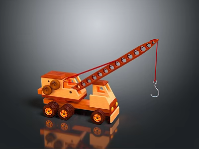 Wooden Toy Crane Truck With Extendable Boom And Hook On Reflective Surface 3d model