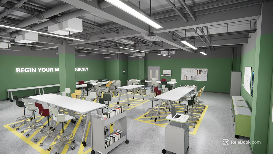 School Modern Learning Classroom With Green Walls White Tables And Storage Carts 3d model 