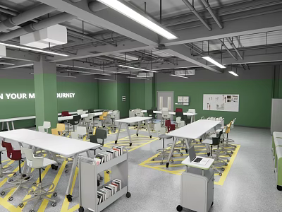 School Modern Learning Classroom With Green Walls White Tables And Storage Carts 3d model