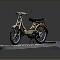Classic Vintage Beige Leading Motorcycle With Black Seat On Gray Yellow Striped Platform
