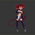 Game Anime Character With Red Spiky Hair Purple Costume Demon Horns And Red Tail