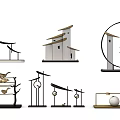 Minimalist Decorative Ornament Set With Bird Figurines Tree Shaped Building Models Circular Frames And Spheres 3d model