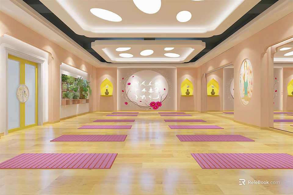 Yoga Fitness Studio With Pink Mats Wooden Floor Round Lights And Wall Decorations 3d model 
