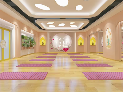 Yoga Fitness Studio With Pink Mats Wooden Floor Round Lights And Wall Decorations 3d model