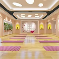 Yoga Fitness Studio With Pink Mats Wooden Floor Round Lights And Wall Decorations