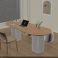 Oval Wooden Desk With White Column Legs Laptop Cup And Small Plant In Minimalist Room