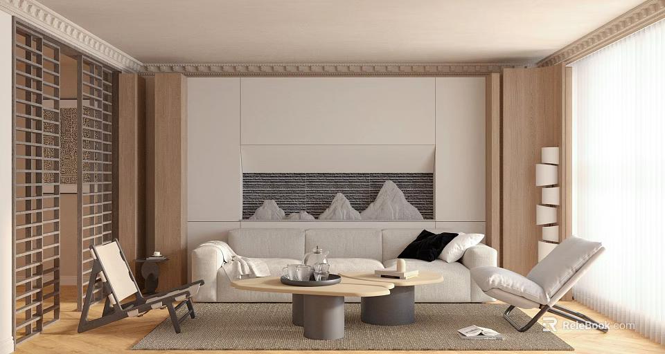 Modern Living Room Interior Design With White Sofa Wooden Wall Panels And Round Coffee Tables 3d model 