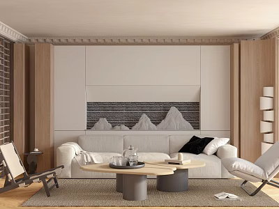 Modern Living Room Interior Design With White Sofa Wooden Wall Panels And Round Coffee Tables 3d model