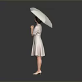 Cute Child in Light Gray Dress Holding Umbrella Standing on Gray Background