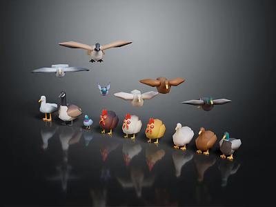 Colorful Bird and Poultry Figurines With Flying and Standing Positions on Black Background 3d model