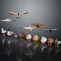Colorful Bird and Poultry Figurines With Flying and Standing Positions on Black Background
