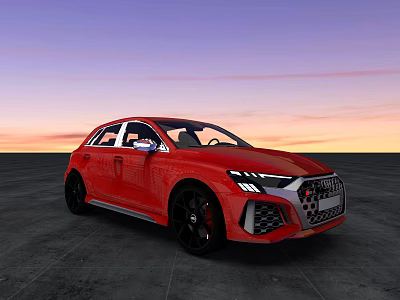 Red Audi Sporty Hatchback With Sharp Headlights Grille And Sunset Sky On Gray Ground 3d model