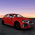 Red Audi Sporty Hatchback With Sharp Headlights Grille And Sunset Sky On Gray Ground
