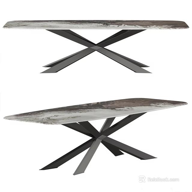 Modern Dining Table With Textured Marble Top And Crossed Metal Legs Design 3d model 