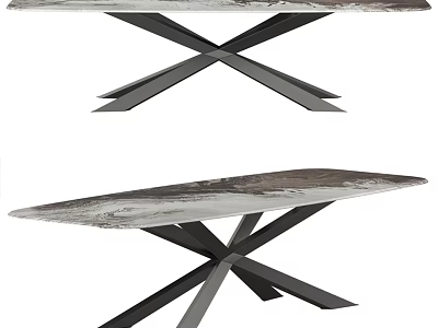 Modern Dining Table With Textured Marble Top And Crossed Metal Legs Design 3d model