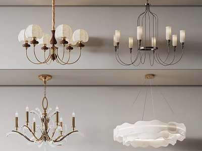 Retro And Modern Chandelier Designs With Multi Arm Structures Glass Globes And White Fabric Shades 3d model