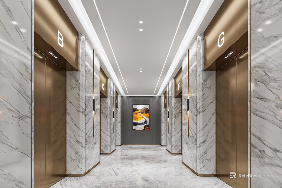 Elevator Corridor With Marble Walls Golden Doors Smooth Floor And Ceiling Light Strips 3d model