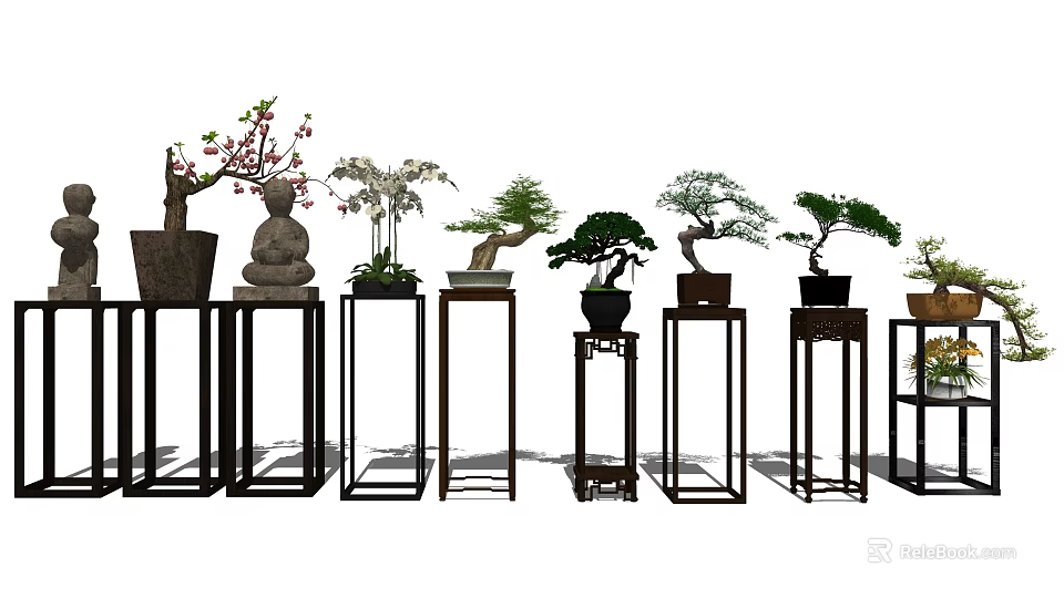 Elegant Bonsai Plants Displayed On Stylish Stands With Various Styles 3d model