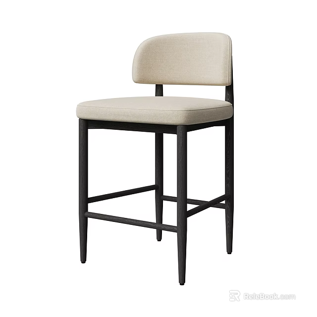 Modern Beige Padded Bar Stool With Black Metal Frame And Backrest 3d model 