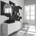 Modern Washbasin Vanity With Round Mirror And Wall Lighting In Bright Room