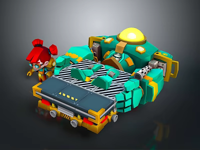 Cartoon Style Green Mechanical Vehicle Featuring Red Haired Character And Yellow Dome 3d model