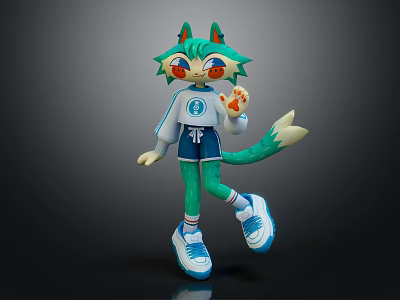 Anime Cat Creature Character With Green Fur Orange Eyes White Top Blue Shorts 3d model