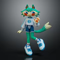 Anime Cat Creature Character With Green Fur Orange Eyes White Top Blue Shorts