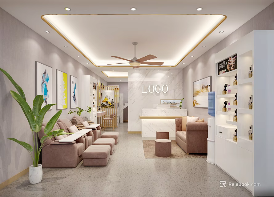 Elegant Beauty Salon Interior Design With Comfortable Sofa Green Plants And Product Shelves 3d model 