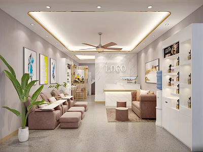 Elegant Beauty Salon Interior Design With Comfortable Sofa Green Plants And Product Shelves 3d model