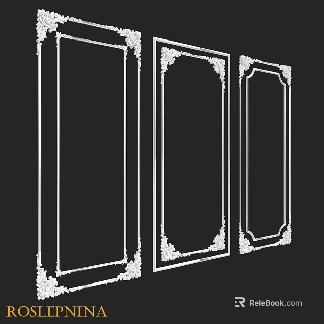 Three Different Ornate Decorative Frame Components With Intricate Carvings And Detailed White Borders 3d model 