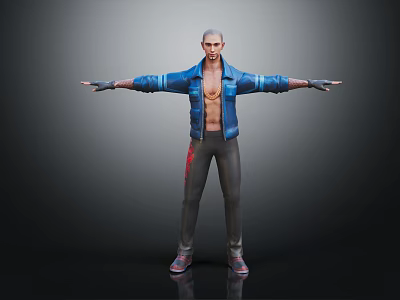 Male Character in Blue Open Jacket With Red Pattern Pants Arms Outstretched Standing Pose 3d model