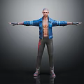 Male Character in Blue Open Jacket With Red Pattern Pants Arms Outstretched Standing Pose 3d model