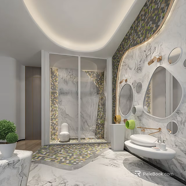 Modern Hotel Bathroom Interior With Patterned Walls Round Mirrors Marble Vanity And Glass Shower 3d model 