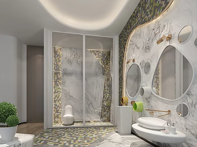 Modern Hotel Bathroom Interior With Patterned Walls Round Mirrors Marble Vanity And Glass Shower 3d model