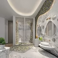 Modern Hotel Bathroom Interior With Patterned Walls Round Mirrors Marble Vanity And Glass Shower