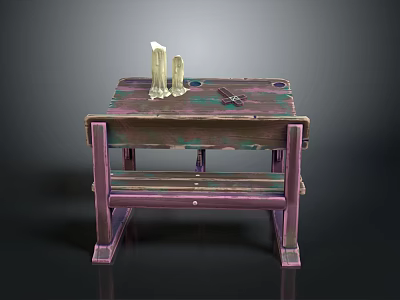Colorful Vintage Wooden Table With Candles And Tool For Home Use 3d model