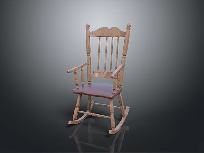 Wooden Rocking Armchair With Traditional Design Carved Back Spindles And Red Upholstered Seat 3d model
