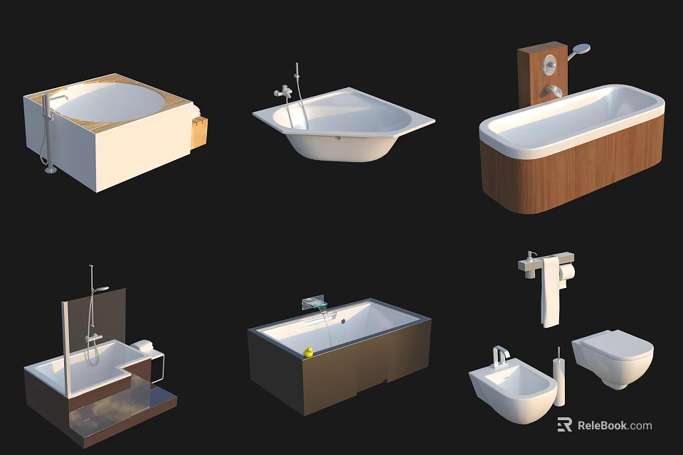 Different Bathtub Styles For Modern Bathrooms Featuring Freestanding Designs And Wooden Accents 3d model 