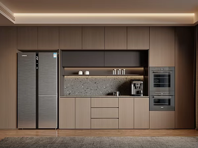 Modern Kitchen Interior Sideboard Cabinet With Wooden Design And Appliances 3d model